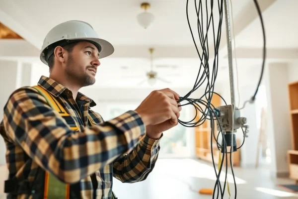 Electrical Contractor installing wiring in a modern home, focused on safe and professional work.