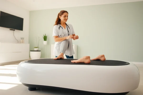 Engaging whole body vibration therapy session demonstrating client and therapist interaction in a professional setting.