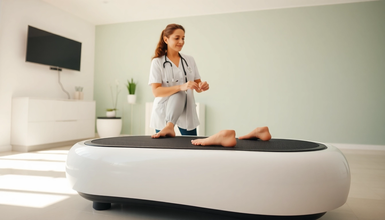 Engaging whole body vibration therapy session demonstrating client and therapist interaction in a professional setting.