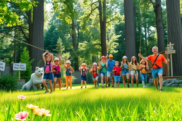 Engaged families testing out ZIP WIRE KITS in a lush backyard setting filled with excitement.
