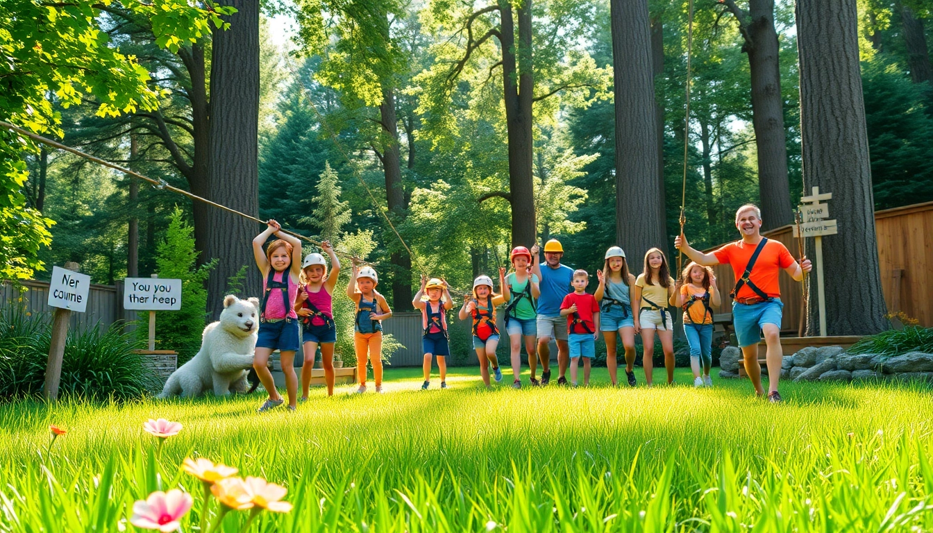 Engaged families testing out ZIP WIRE KITS in a lush backyard setting filled with excitement.