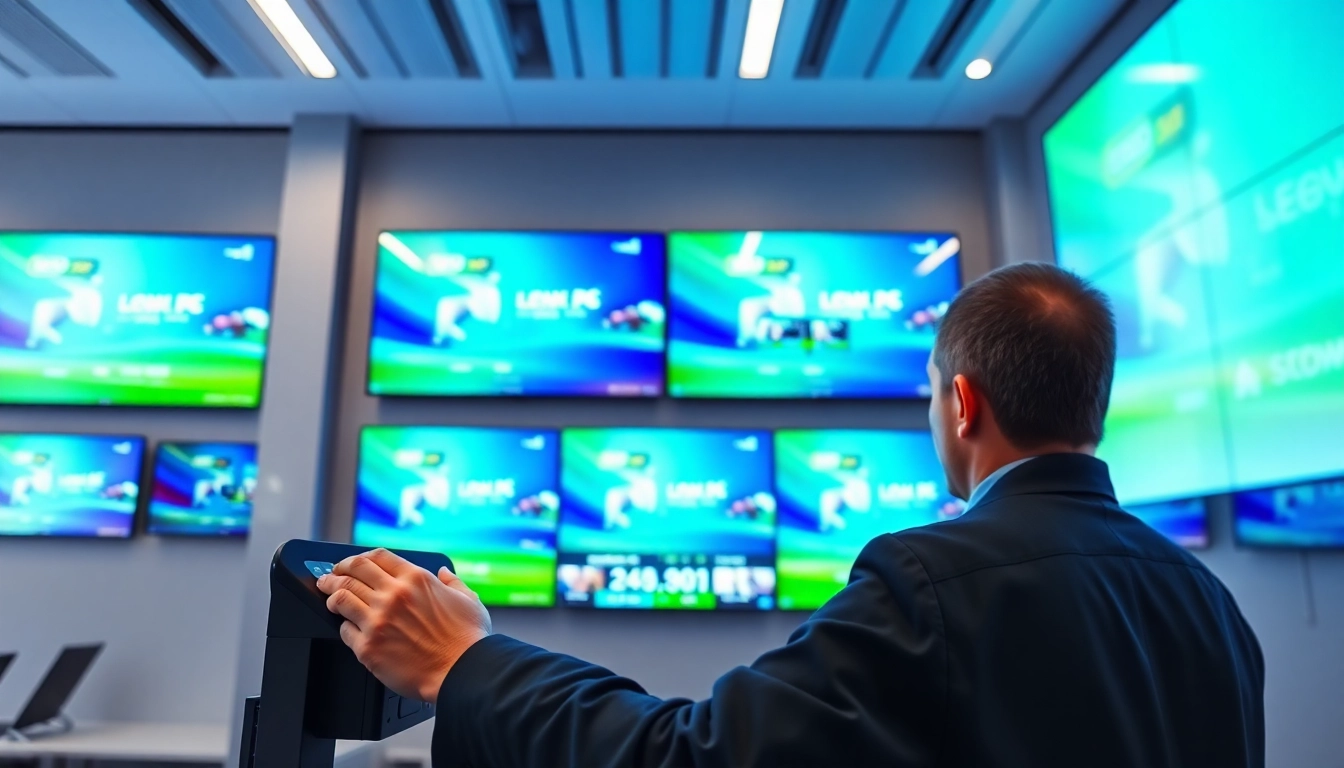 Showcase of multi-screen digital signage management with vibrant content in a corporate setting.