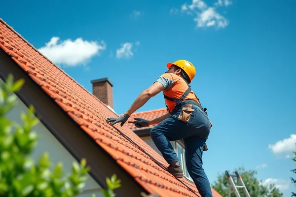 Roofer in Loenen repairing a roof with skillful craftsmanship and natural light.