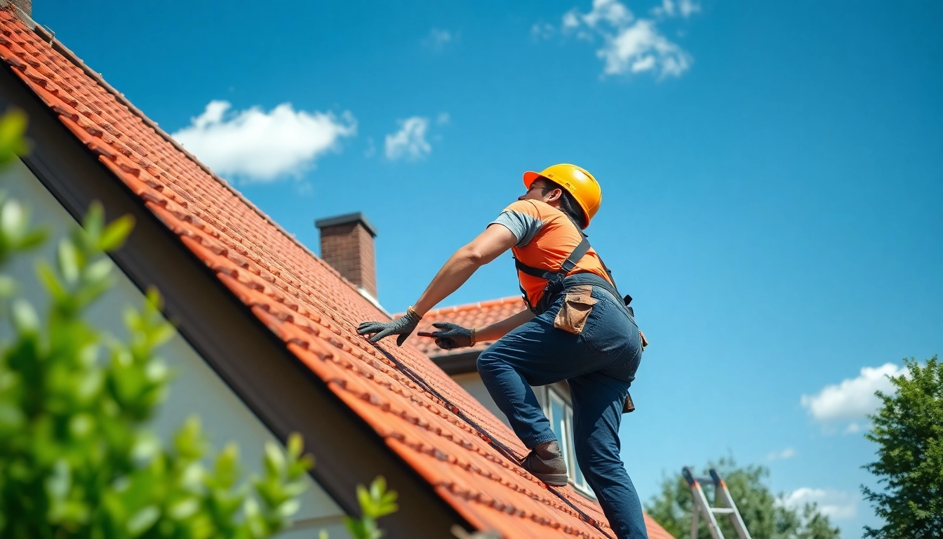 Roofer in Loenen repairing a roof with skillful craftsmanship and natural light.