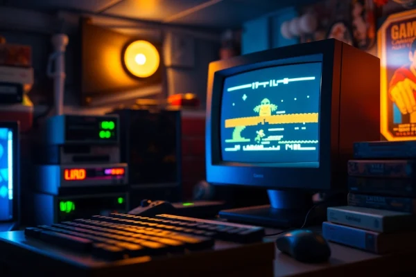Engaging gameplay on dos games online showcasing a retro computer setup with pixel graphics.