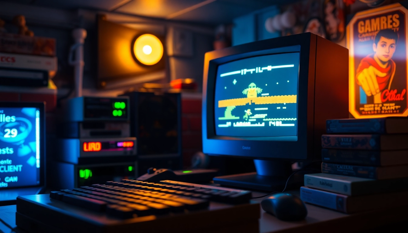 Engaging gameplay on dos games online showcasing a retro computer setup with pixel graphics.