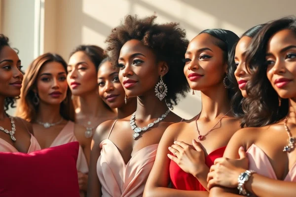Shop beautiful women jewelry showcased on diverse models against a trendy boutique backdrop.