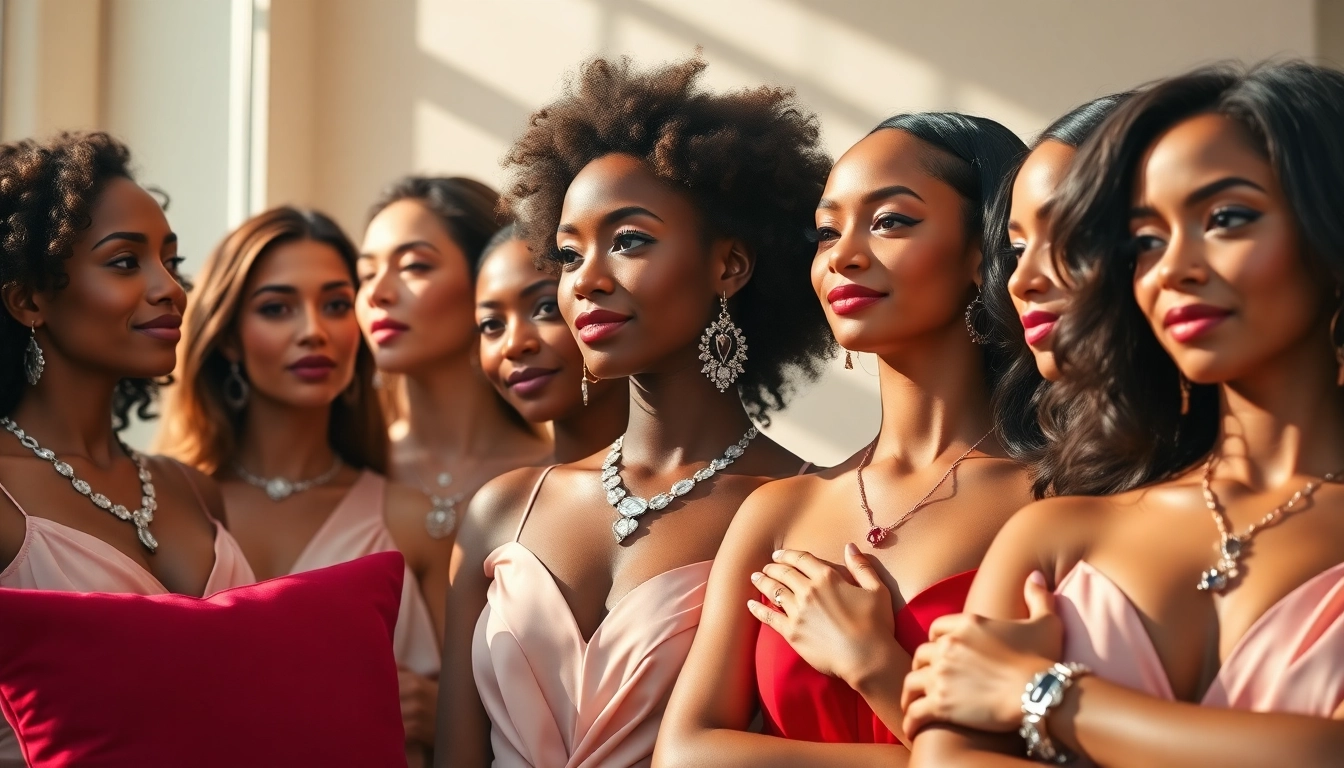 Shop beautiful women jewelry showcased on diverse models against a trendy boutique backdrop.