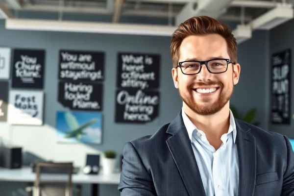 Engaging portrait of Russell Brunson in a modern office setting, exuding confidence and professionalism.
