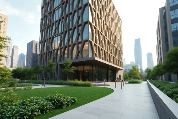Zeigt eine beeindruckende Visualisierung Architektur mit modernen urbanen Gebäuden vor einer lebendigen Kulisse.