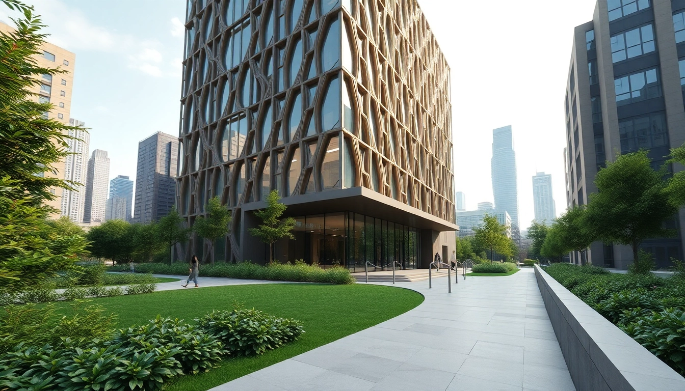 Zeigt eine beeindruckende Visualisierung Architektur mit modernen urbanen Gebäuden vor einer lebendigen Kulisse.