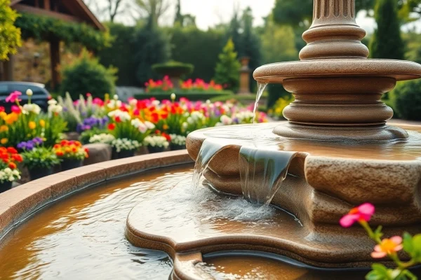 Gartenbrunnen mit sanft fließendem Wasser und natürlichem Stein in einem blühenden Garten.