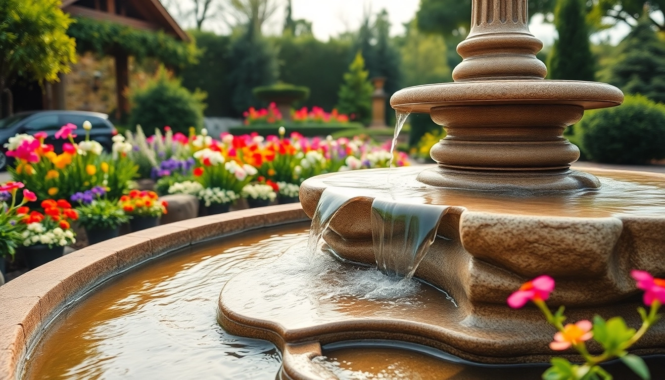 Gartenbrunnen mit sanft fließendem Wasser und natürlichem Stein in einem blühenden Garten.