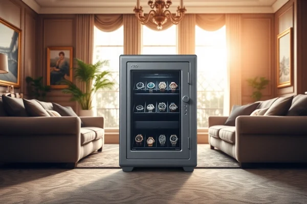 Showcase of a sophisticated watch safe emphasizing premium craftsmanship and elegance.