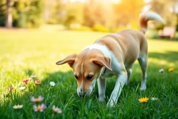 Addressing female dog urine smells bad with a happy dog in a clean garden setting.