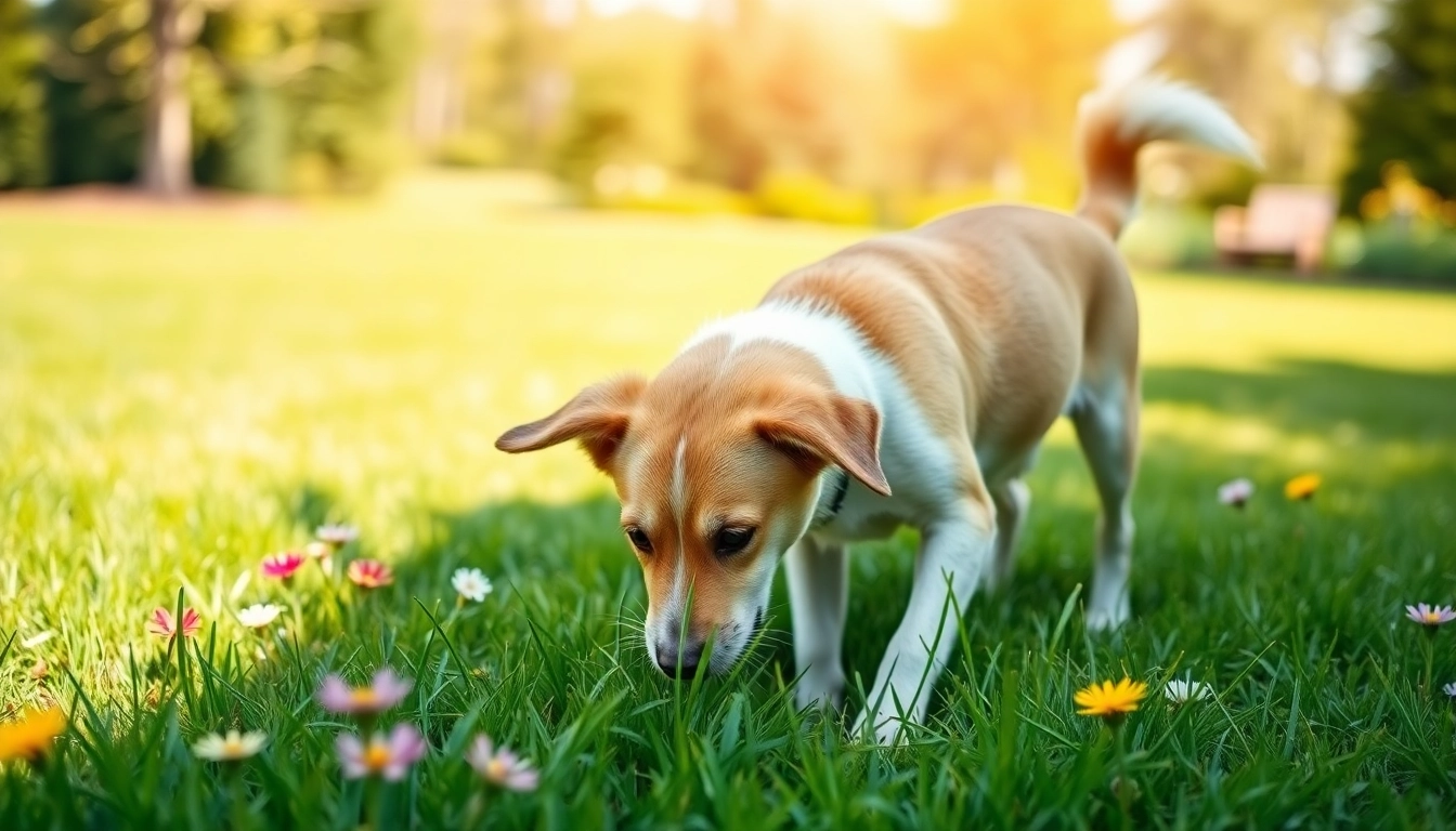 Addressing female dog urine smells bad with a happy dog in a clean garden setting.