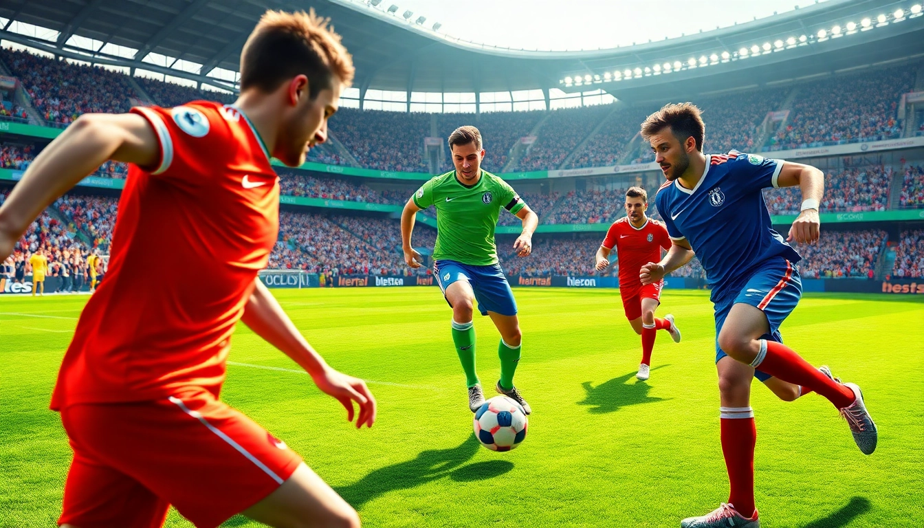Football betting tips today showing a thrilling match scene with energetic players and vibrant atmosphere.