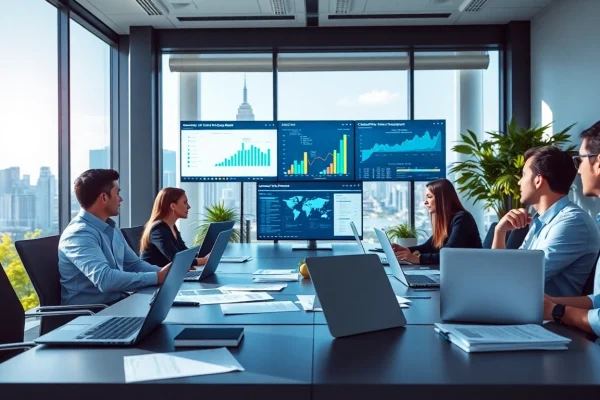 Developing competitive intelligence strategies in a modern office with a tech-savvy team.