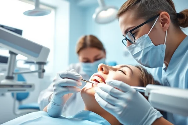 Dental cleanings being performed by a dentist and hygienist in a modern clinic setting.
