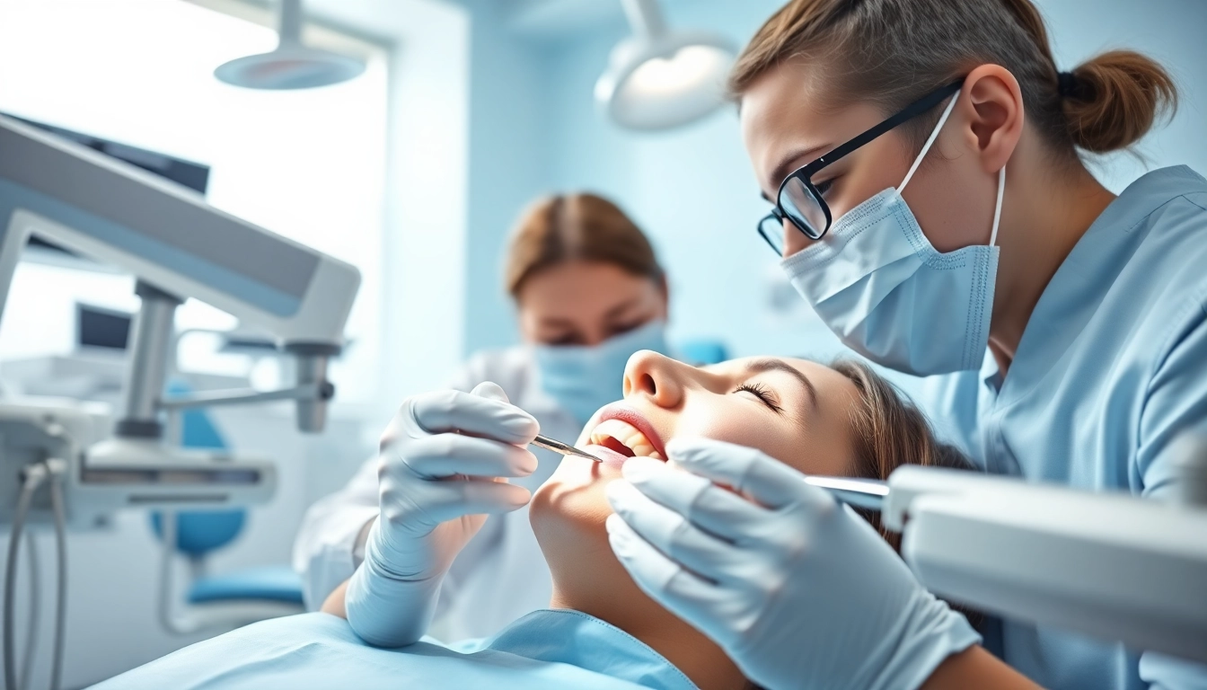 Dental cleanings being performed by a dentist and hygienist in a modern clinic setting.