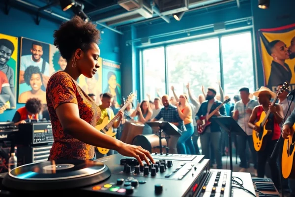 Enhance your music promotion services with vibrant imagery showing a DJ and musicians collaborating.