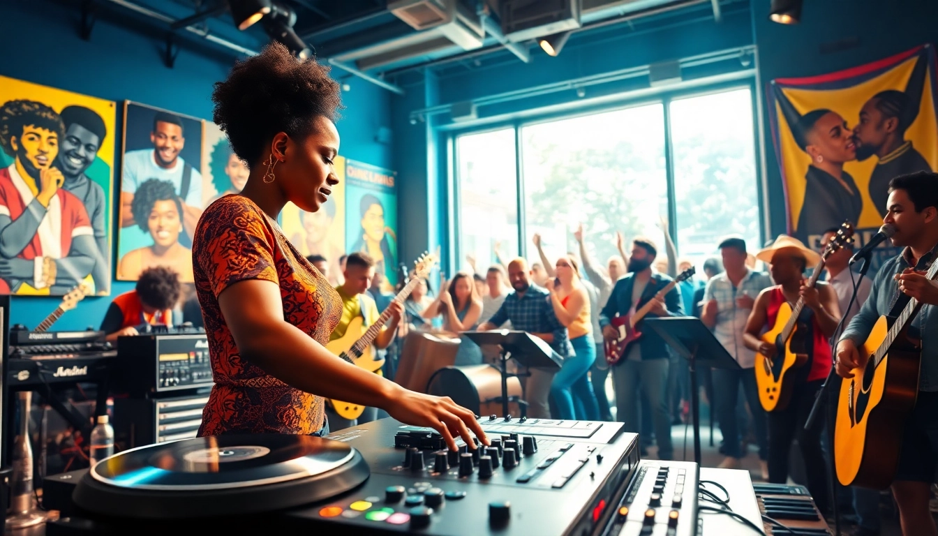 Enhance your music promotion services with vibrant imagery showing a DJ and musicians collaborating.