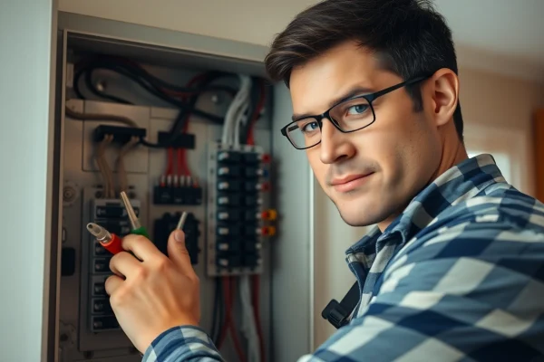Electrician performing an Electrical Panel Upgrade in a modern kitchen setting.