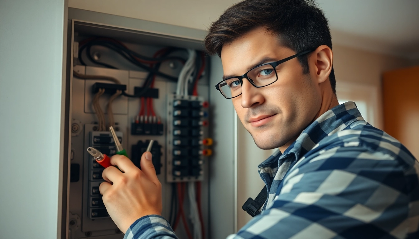 Electrician performing an Electrical Panel Upgrade in a modern kitchen setting.