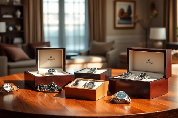 Showcase of luxury watch boxes displaying various watches on a wooden surface.