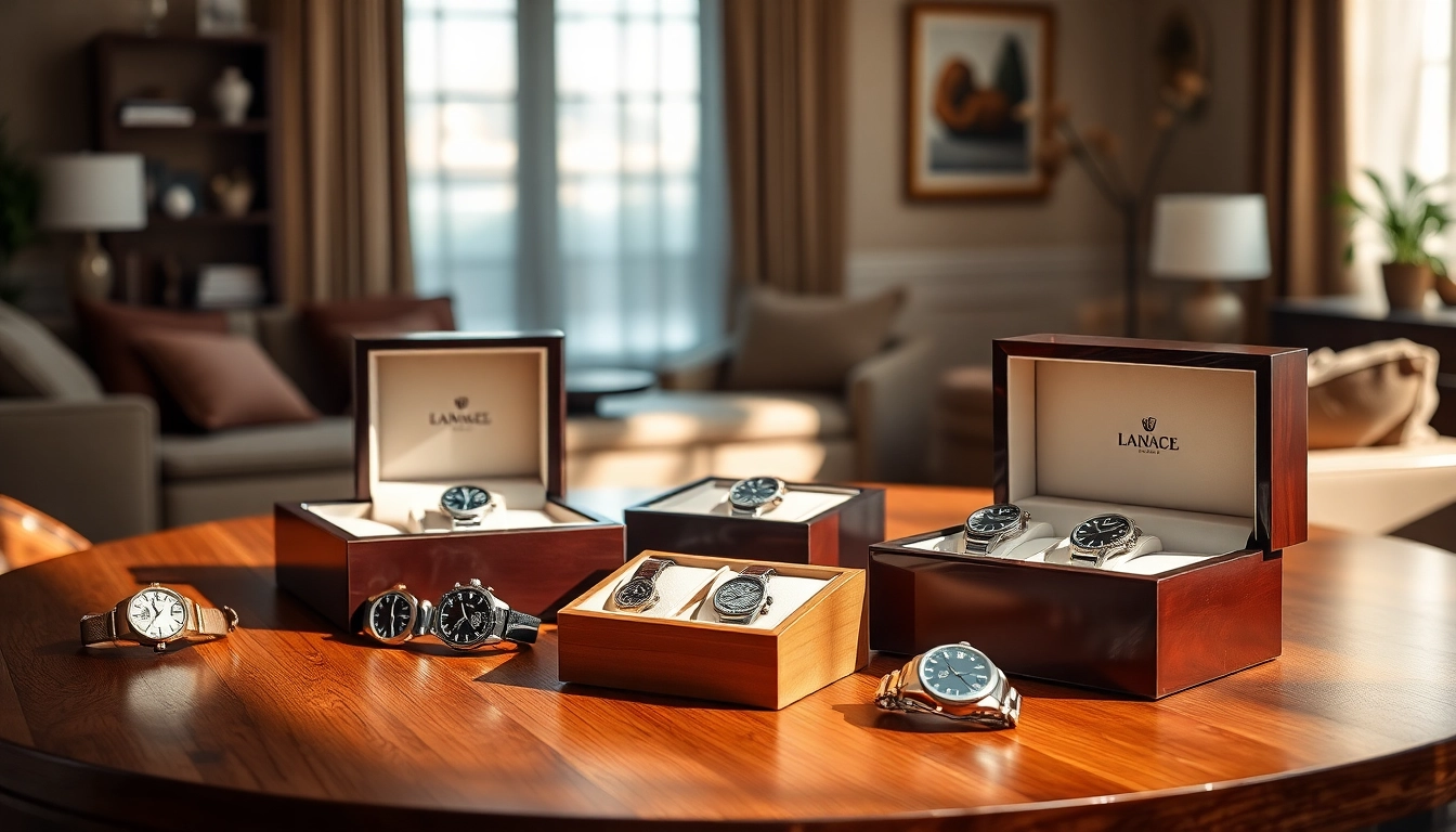 Showcase of luxury watch boxes displaying various watches on a wooden surface.