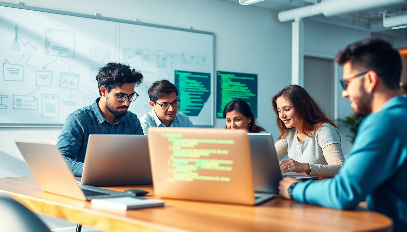 Developers engaging in web development projects with coding on screens in a modern office.