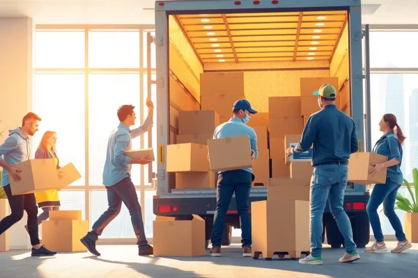Showcasing Commercial Moving Services, professional movers efficiently packing an office environment.