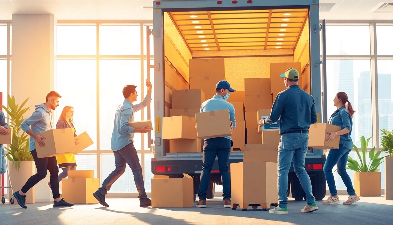 Showcasing Commercial Moving Services, professional movers efficiently packing an office environment.