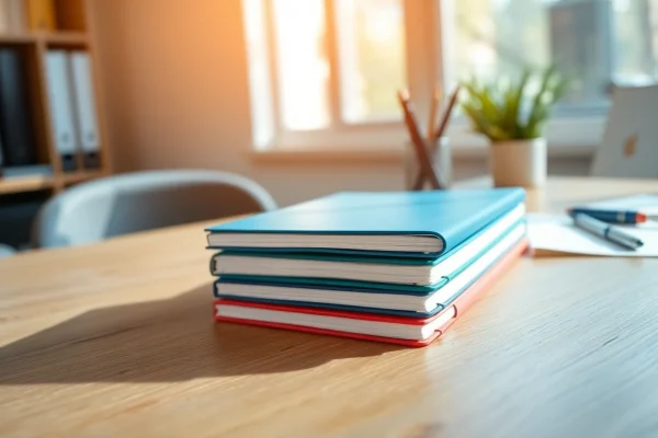 Showcase custom notebooks with unique designs on a wooden desk, inspiring creativity.