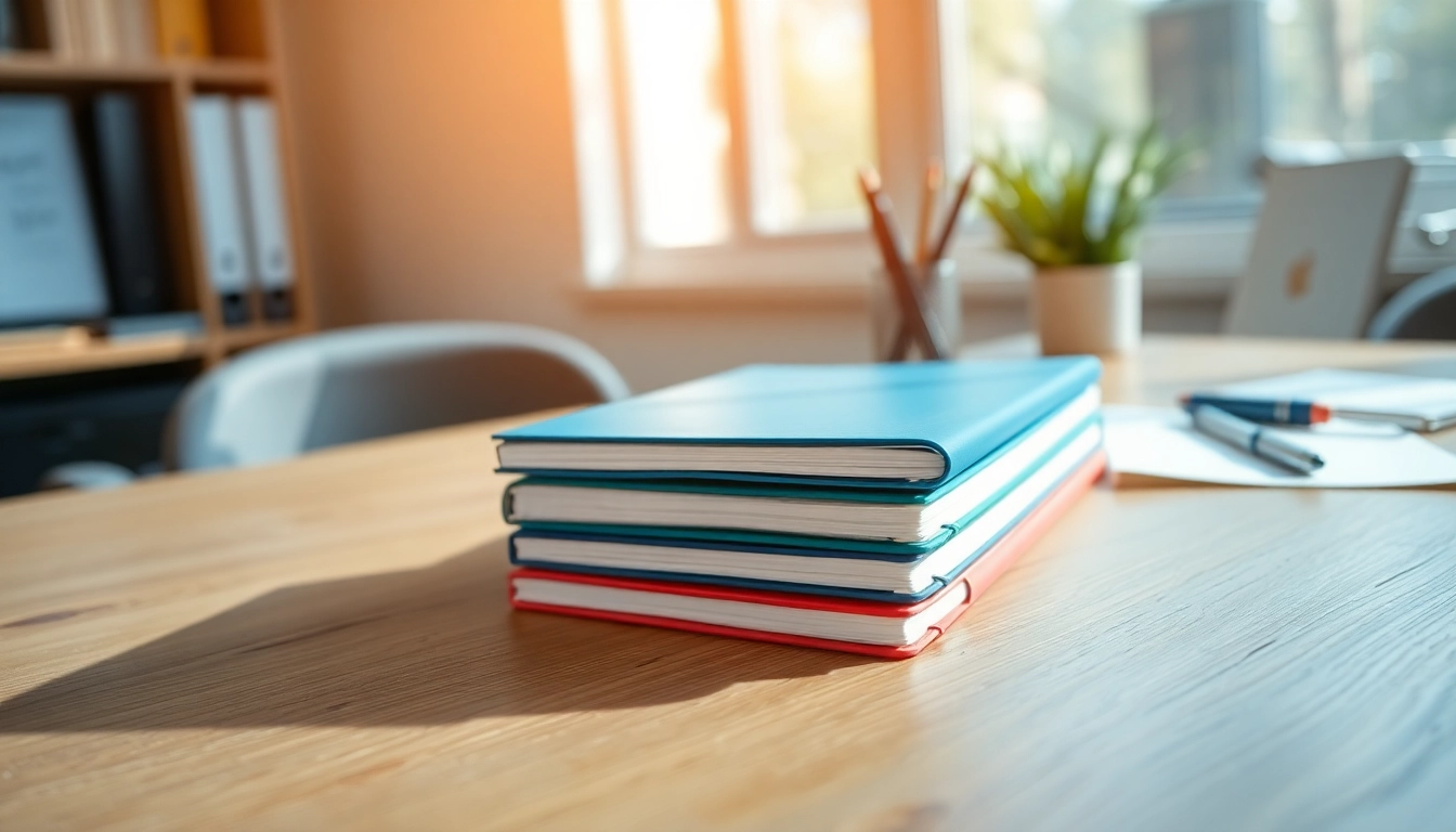 Showcase custom notebooks with unique designs on a wooden desk, inspiring creativity.