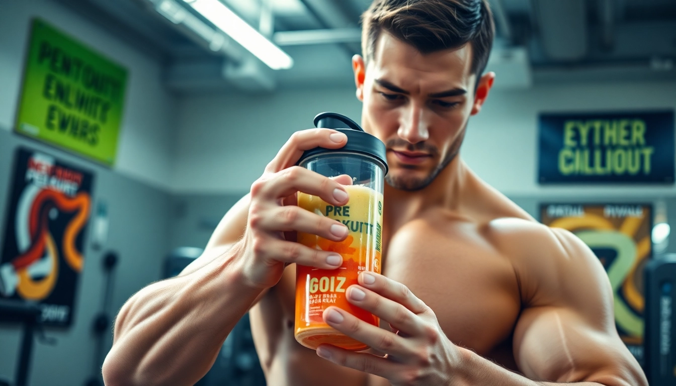 Boost energy and focus with pre-workout supplement shaker in a modern gym setting.