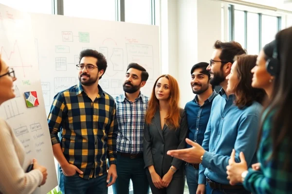 Team collaborating on strategies to launchsuccessfulstartup in a vibrant office.