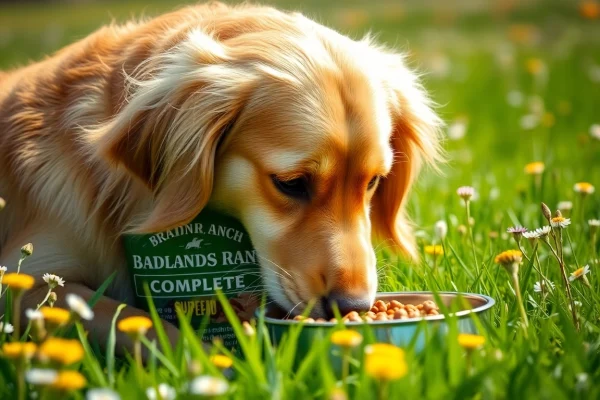 Golden retriever enjoying badlands ranch superfood complete in a vibrant garden setting.