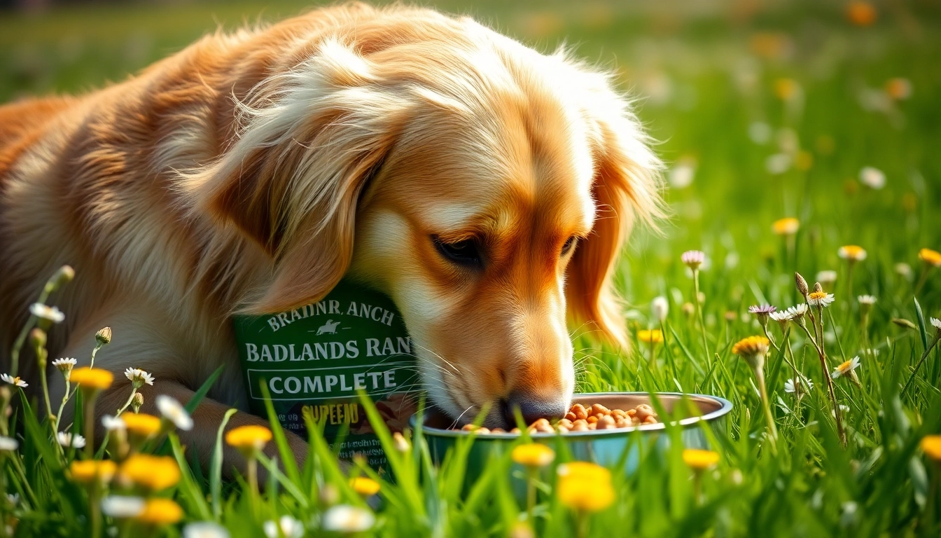 Golden retriever enjoying badlands ranch superfood complete in a vibrant garden setting.