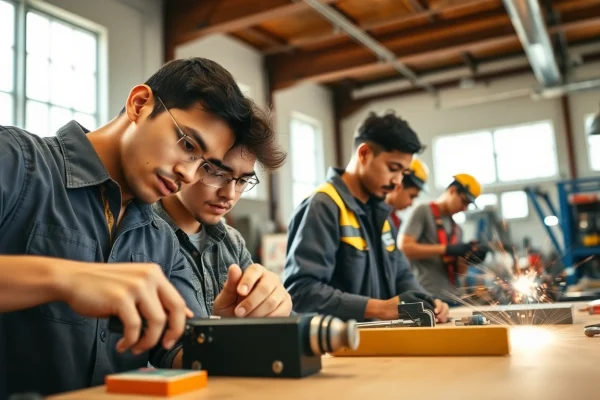Students participate in hands-on learning at hawaii trade schools with tools in a workshop.