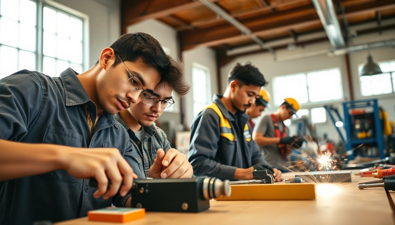 Students participate in hands-on learning at hawaii trade schools with tools in a workshop.