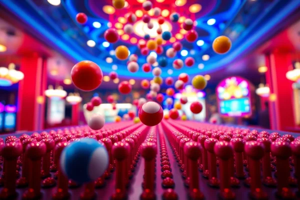 Menggugah semangat dengan situs plinko yang menampilkan bola berwarna cerah bermain di papan pin.