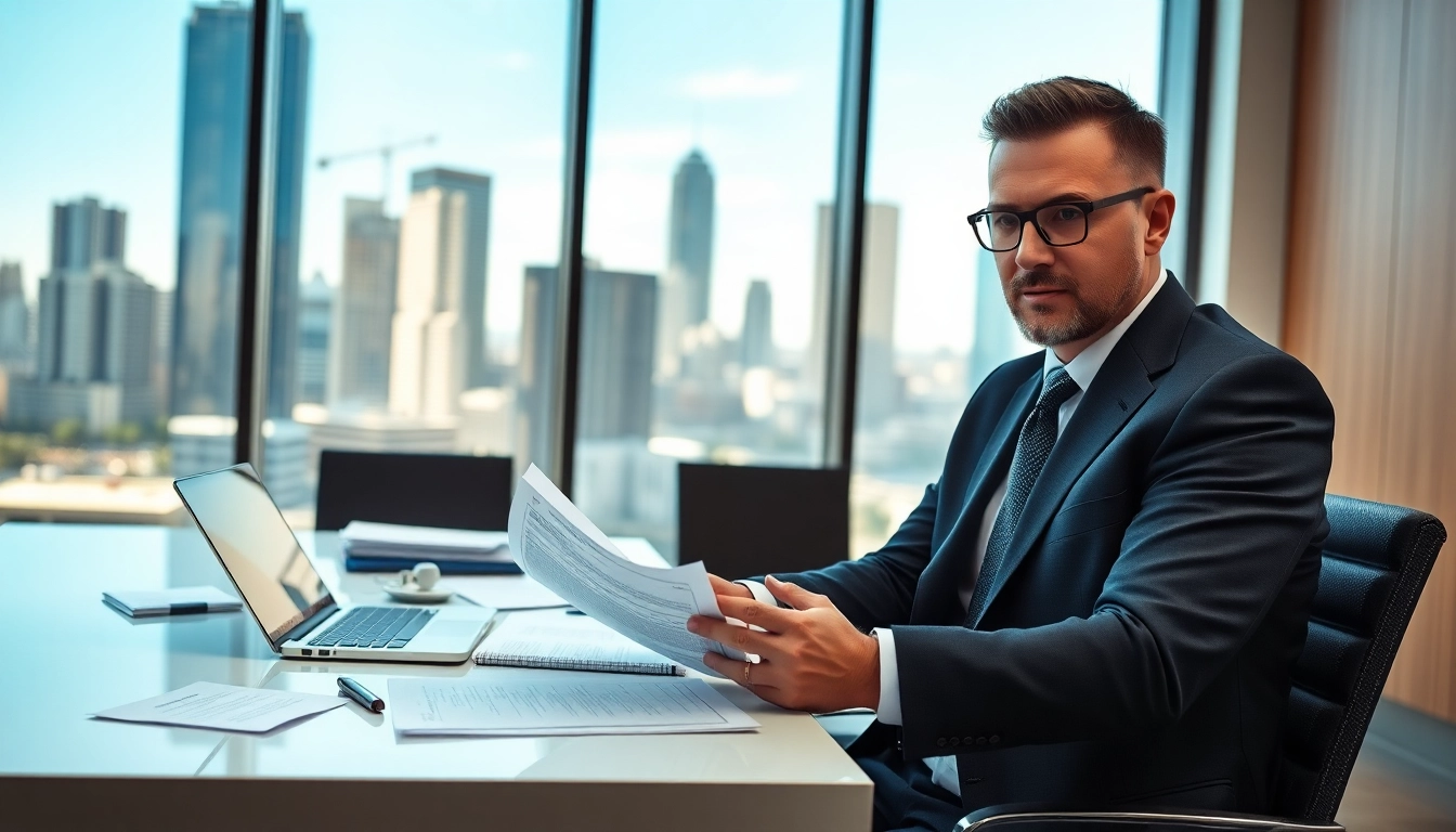 Engaged intellectual property lawyer reviewing documents in a professional office.