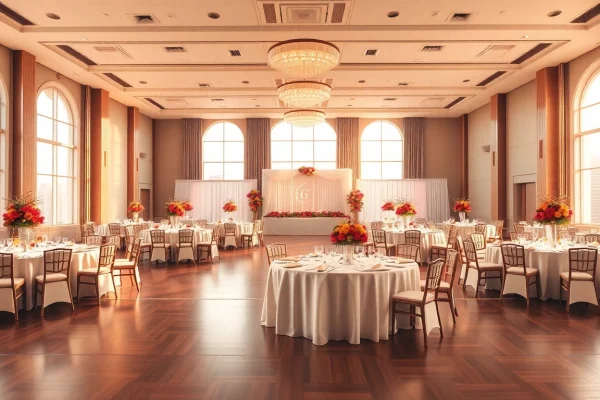 Set up for a celebration at a city venue event center with elegant decor.