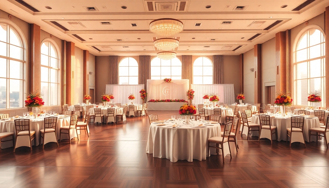 Set up for a celebration at a city venue event center with elegant decor.
