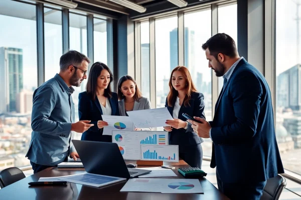 Engaged B2B buyer collaborating in a modern office setting with a diverse team.