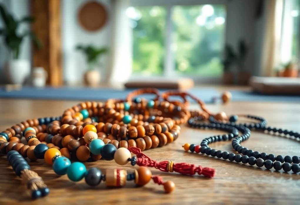 Explore beautiful malas crafted from gemstones and seeds, displayed in a tranquil yoga setting.