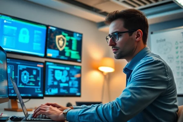 Durchführung eines Penetrationstest durch einen Cybersecurity-Experten in einem modernen Büro.
