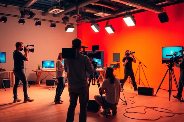 Professional team engaging in 영상제작 activities in a creative studio environment full of film equipment.