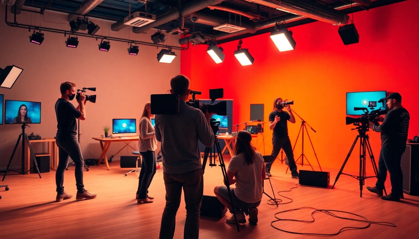 Professional team engaging in 영상제작 activities in a creative studio environment full of film equipment.